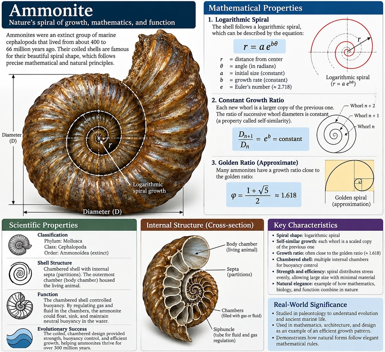 Ammonite guide: logarithmic spiral growth, constant growth ratio and golden ratio, scientific classification and shell function, plus an internal cross-section showing body chamber, septa, chambers and siphuncle